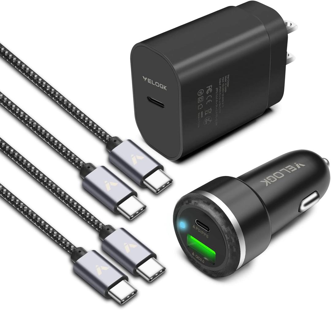 Super Fast Charger Type C Kit, VELOGK 25W PD PPS USB C Wall/Car Charger for Samsung Galaxy S26/S25/S24/S23 Ultra/S23+/S23/S22/S21/S20/Plus/Ultra/FE, iPad, with 2X Nylon USB C-to-C Cable(10ft+3.3ft)