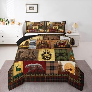 Rustic Cabin Lodge Bedding Set Patchwork Duck Bear Deer Moose Comforter Set Queen For Kids Adults Retro Farmhouse Buffalo Plaid Quilt Comforter Hunting Wildlife Woodland Animal Duvet 2 Pillow Cases
