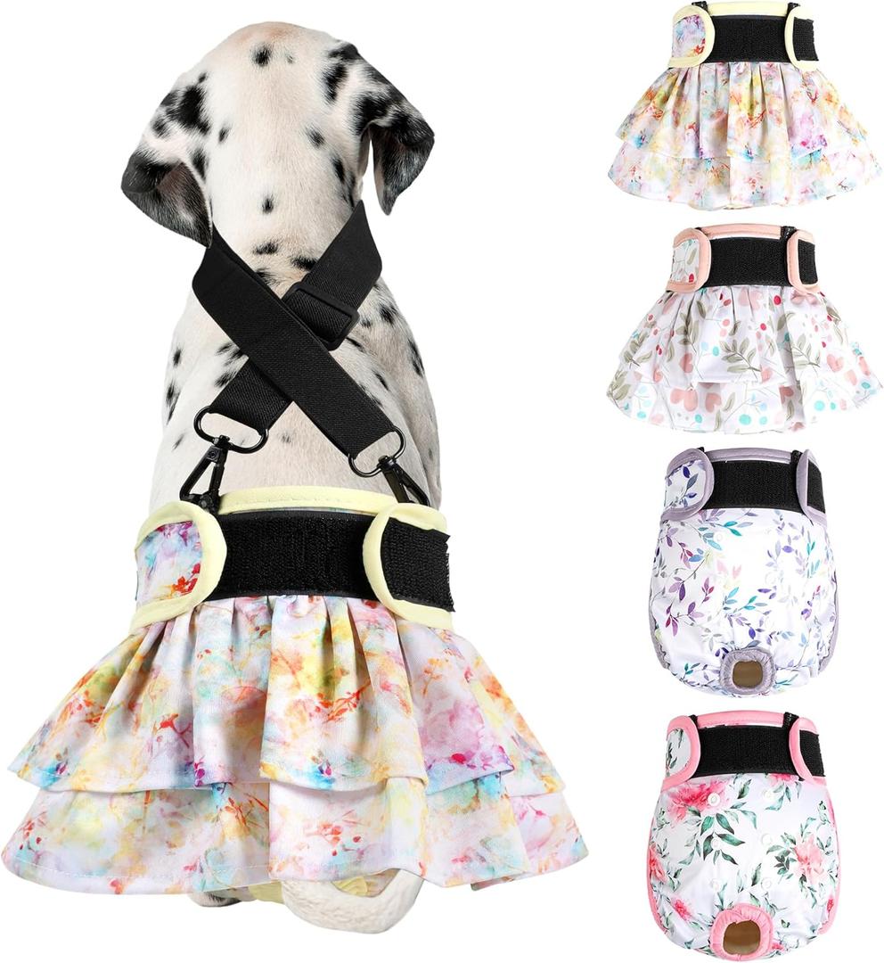 Washable Female Dog Diapers (4 Pack+1 Suspender), Reusable Female Girl Doggy Doggie Puppy Wraps Panties Belly Band for Pet Heat Period Pooping Peeing Potty Training Incontinence Marking Heart X-Large (Flowers & Love)