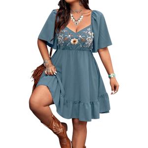 Verdusa Women's Plus Size Western Boho Floral Dress Cowgirl Country Concert Vacation Outfits Flowy Summer Dresses, 0XL, Dusty Blue