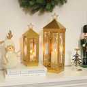 NEEDOMO Christmas Decorations Outdoor&Indoor, 17''/12'' Metal Candle Lantern Decor,Christmas Lanterns with Snowflakes Stars and LED Candle for Home Porch Patio Table Centerpieces, Xmas,No Glass