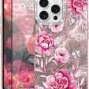 for iPhone 13 Pro Case Glitter, with Screen Protector, Cute Rose Floral Design with Diamond Bling Lens Frame Protection Slim Fit Shockproof Protective Phone Cover for Women Girls -Pink