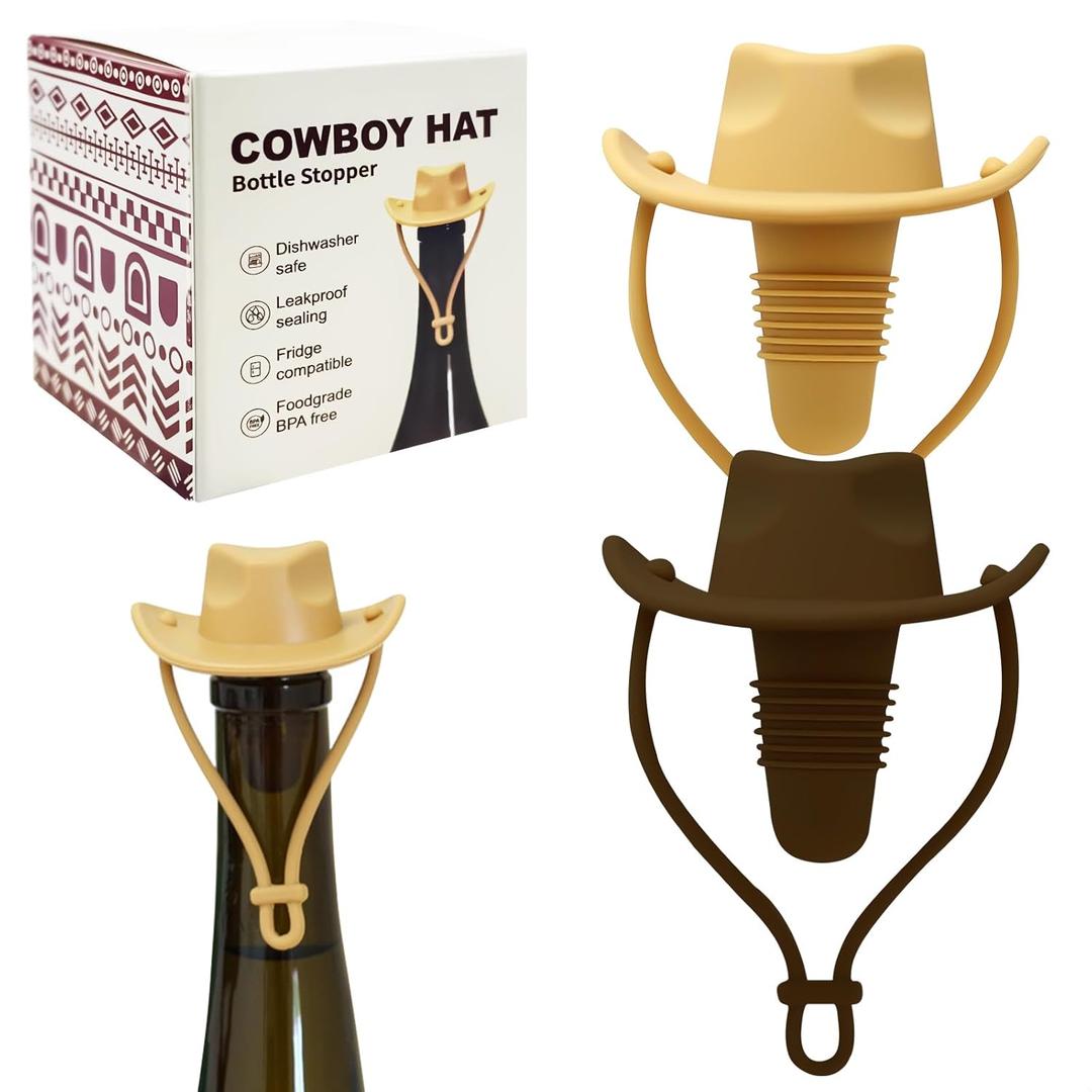 2 Pcs Cowboy Hat Silicone Wine Stoppers, Silicone Wine Stopper, Fun Hat Cap Seals Bottle & Keeps Wine Fresh, Funny Gag Gifts for Boyfriend, Stocking Stuffers Gifts for Adults