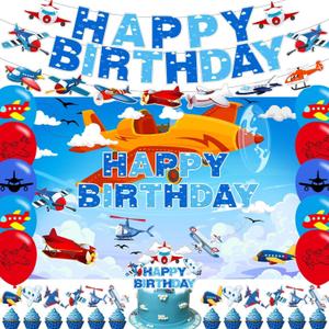 Airplane Birthday Party Decorations, Airplane Theme Party Supplies including HAPPY BIRTHDAY Banner Airplane Party Backdrop, Cake toppers Balloons for Airplane Birthday Party