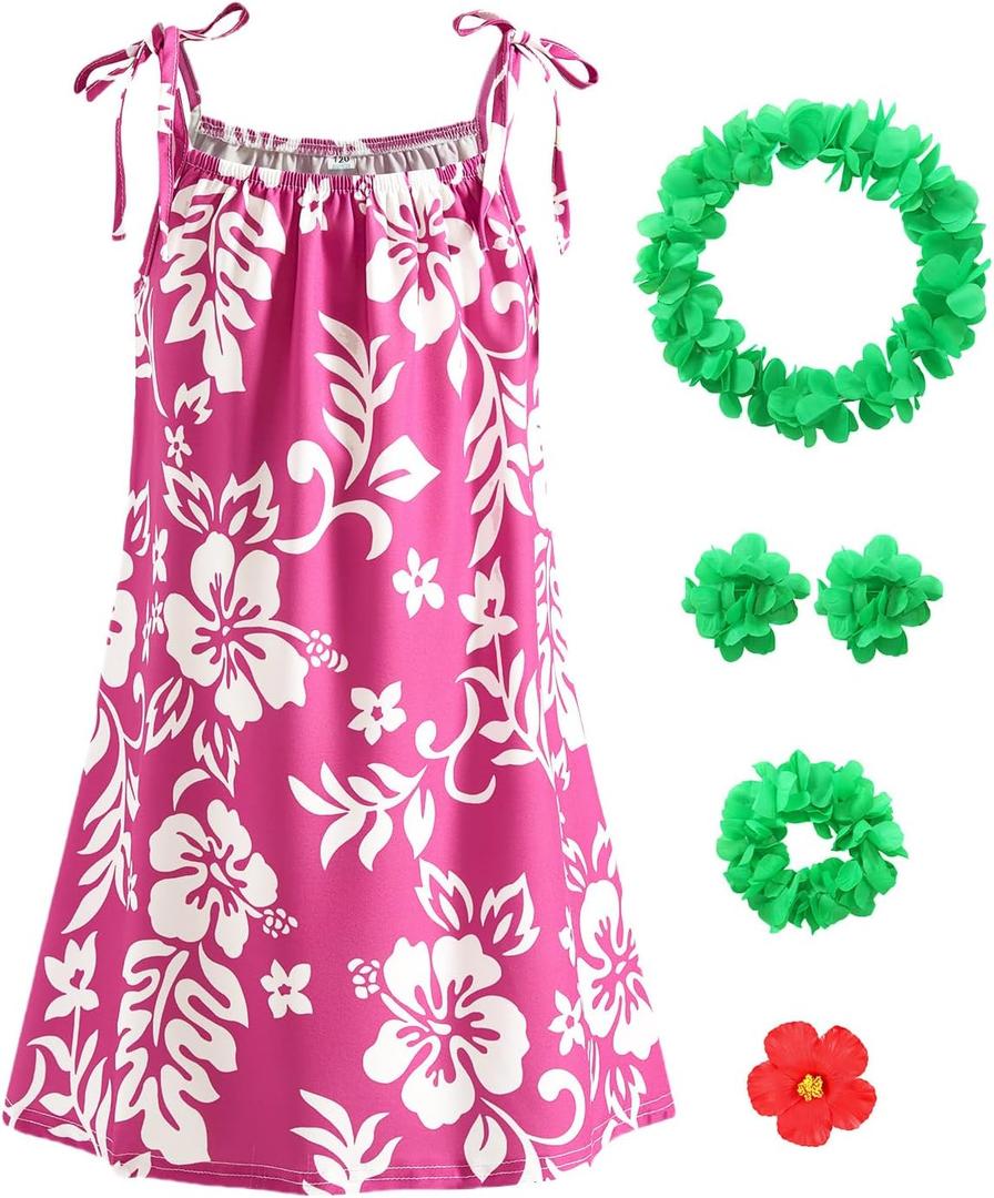 2 x Girls Hawaiian Costume Rose Red Slip Dress with Flower Print Kids Halloween Costumes Luau Party Outfit (5-6 Years/120)