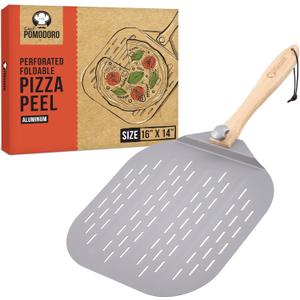 Chef Pomodoro Aluminum Metal Pizza Peel with Foldable Wood Handle for Easy Storage, Pizza Spatula, Gourmet Luxury Pizza Paddle for Baking Homemade Pizza Bread (16 inch)