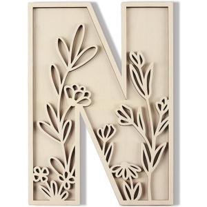 Layered 12 Inch Large Wooden Letters for Wall Decor, Flowered Paintable Wooden Nursery Letters for Crafts Wood Alphabet Letter N for Birthday Boho Nursery Name Sign Wedding Home Decoration
