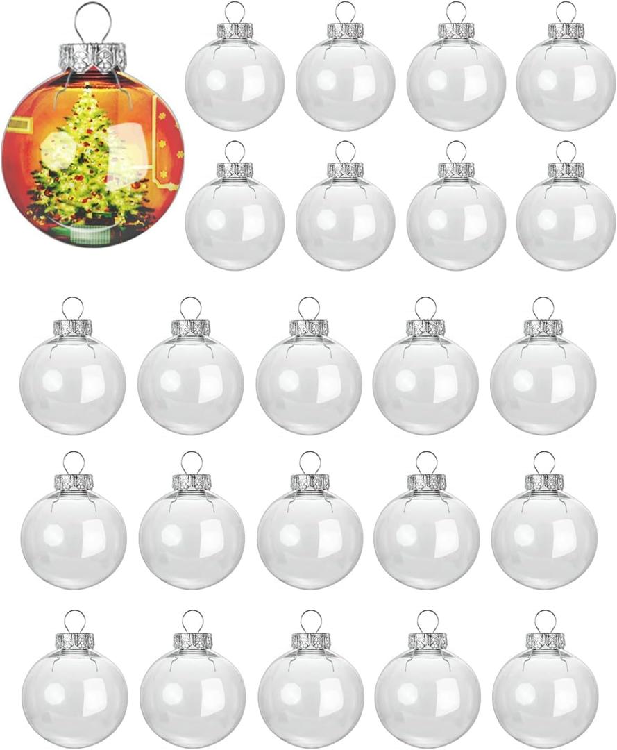 24 Pack 2.36 Inch Clear Christmas Ornaments, Fillable Hanging Ball with Rope for DIY Christmas Tree Decorations