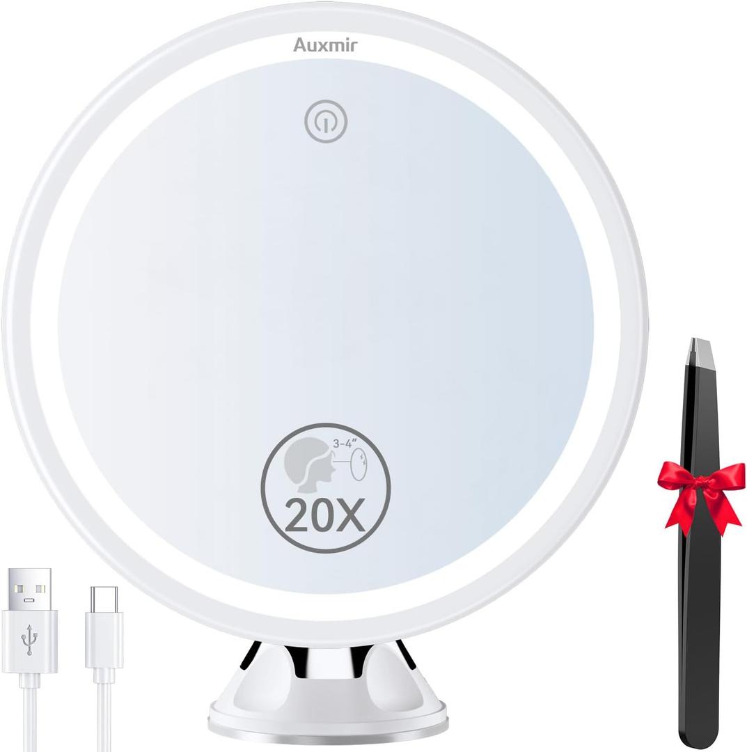 20X Magnifying Mirror with Light, Lighted Makeup Mirror with Magnification, 8 Rechargeable Vanity Mirror with Power Suction Cup and Tweezers, 360 Swivel Portable for Home Travel Bathroom