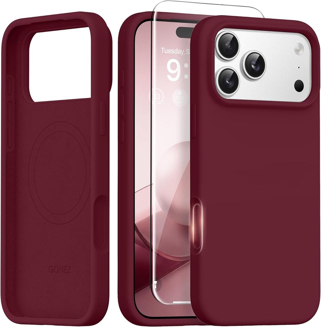 GONEZ Magnetic for iPhone 17 Pro Case, [Compatible with MagSafe] Anti-Scratch Microfiber Lining & Screen Protector, Silicone Camera Control, Shockproof Slim Phone Cover 6.3 inch, Maroon