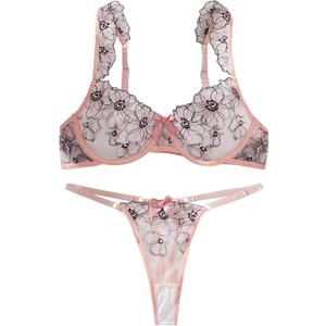 Lilosy Women Sexy Floral Embroidered Mesh Sheer Underwire Push Up Lingerie Set (Large, Black Pink)