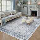 PureCozy 8x10 Area Rug Blue Washable Vintage Carpet Living Room Bedroom Large Non Slip Stain Soft Resistant Low Pile Thin Boho Accent Indoor Throw Rug for Dining Room Office