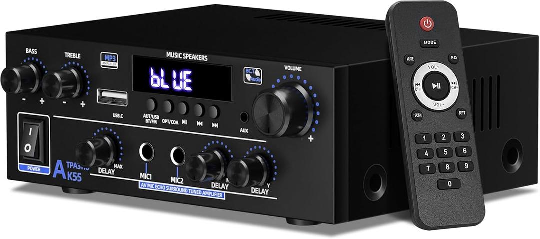 Amplifier Home Audio Stereo 1000W, Bluetooth 5.3 Amplifier for Two 50W x2 Speakers of About 8 Inches, SD Card/USB/MIC, 2.0 Channel HiFi for TV, Home or Your Car (AK55)