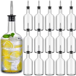 Baderke 17 oz Glass Long Neck Bottles with Pourer and Caps Glass Bar Juice Pour Syrup Bottles with Stainless Steel Bottle Pourer Tapered Spout for Juice Snowcone Syrup (16 Pcs)
