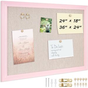 DOLLAR BOSS Bulletin Board with Linen 36'' x 24'' Pink Framed Cork Boards for Walls, Photo Display Pin Board, Decorative Corkboard for Office Home School Girls Dorm Decor with 10 Pushpins, White