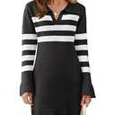 Saodimallsu Womens Striped Sweater Dress V Neck Collared Long Sleeve Slim Fit Ribbed Knit Trendy Mini Dresses Black M