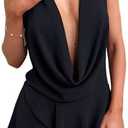 GOKATOSAU Women's Sexy Halter Plunge V Cowl Neck Low Open Back Irregular Ruffle Hem Mini Dress S