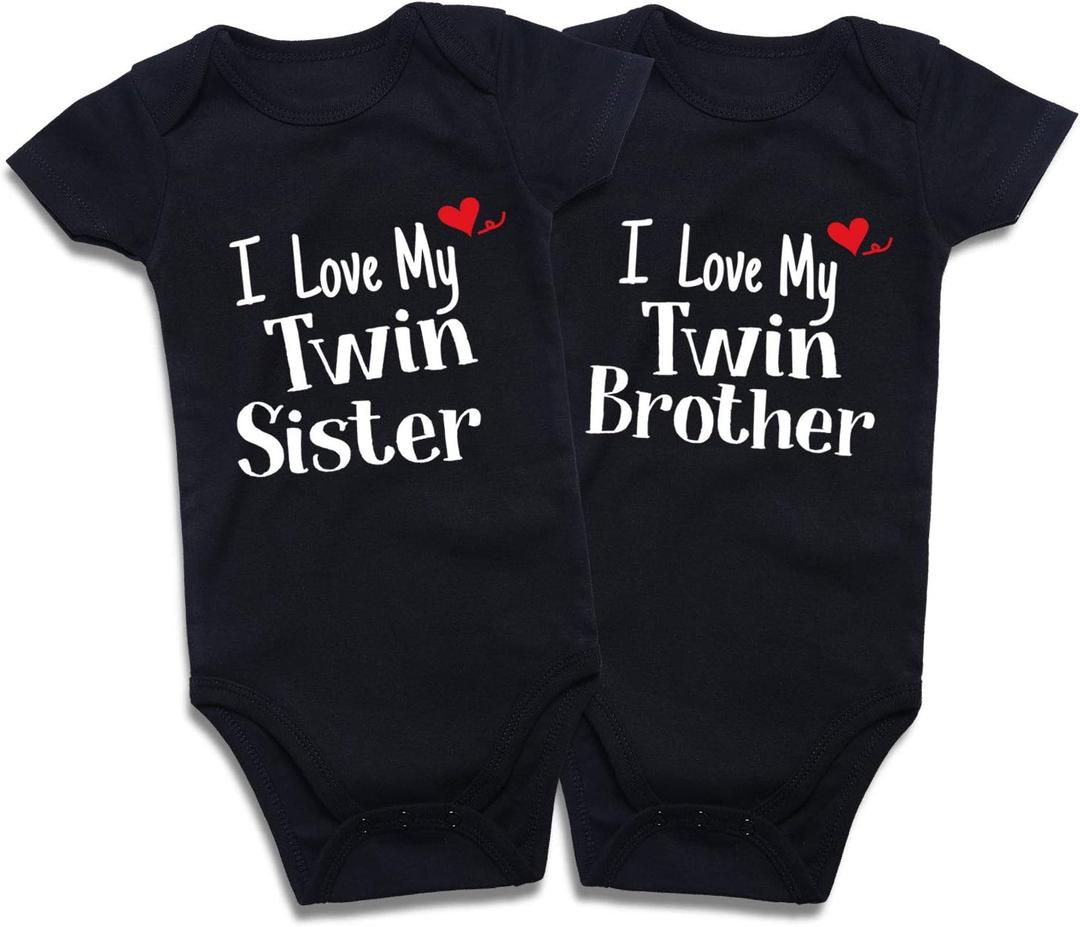 DEFAHN Funny Twins Baby Bodysuits Boys Girls Rompers 2 Pack Twin Matching Clothes Outfits for Newborn Infant (6-9 Months, 2pcs I Love My Sis/Bro)