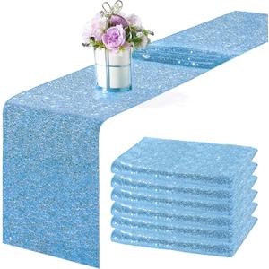 6 Pieces 12 x 108 Inches Lake Blue Sequin Table Runners Glitter Sequin Runner Rectangular Table Cloth for Christmas New Year Birthday Wedding Holiday Party Decorations