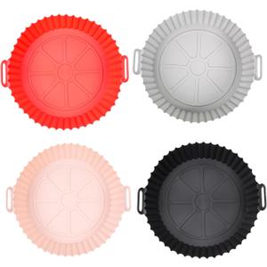 4pcs Round Air Fryer Liners - Reusable Silicone Air Fryer Liners for Easy Clean-Up, Perfect Air Fryer Accessories, Non-Stick Air Fryer Silicone Liners for Mess-Free Cooking and Healthy Meals (PINK+BLACK+RED+GREY)