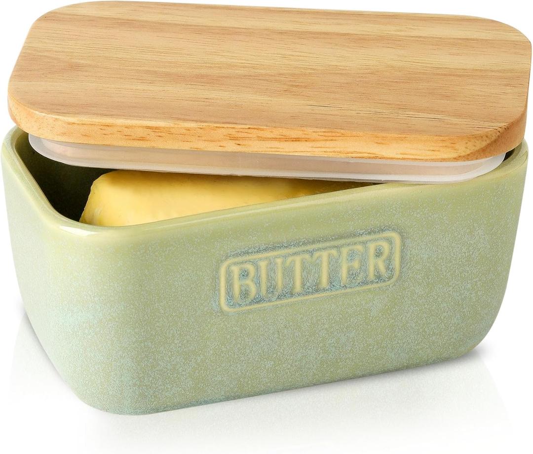 HVH Ceramic Butter Dish with Lid for Countertop, Airtight Butter Keeper with Turquoise Wooden Lid (6 x 3.5 x 2.7)
