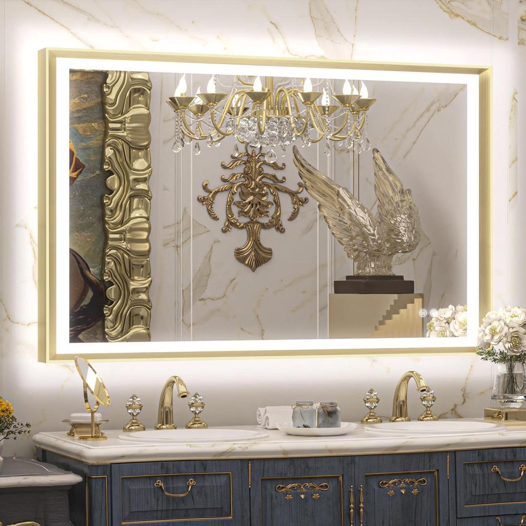 TETOTE LED Bathroom Mirror with Lights Gold Metal Framed 40x24 Frontlit & Backlit Vanity Mirror Baroque Antifog Stepless Dimmable White/Warm/Natural,CRI90+,Waterproof,Wall Mounted(Horizontal/Vertical)