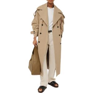 Farktop Womens Oversized Long Trench Coat Double Breasted Lapel Windproof Overcoat with Belt (Beige, M)
