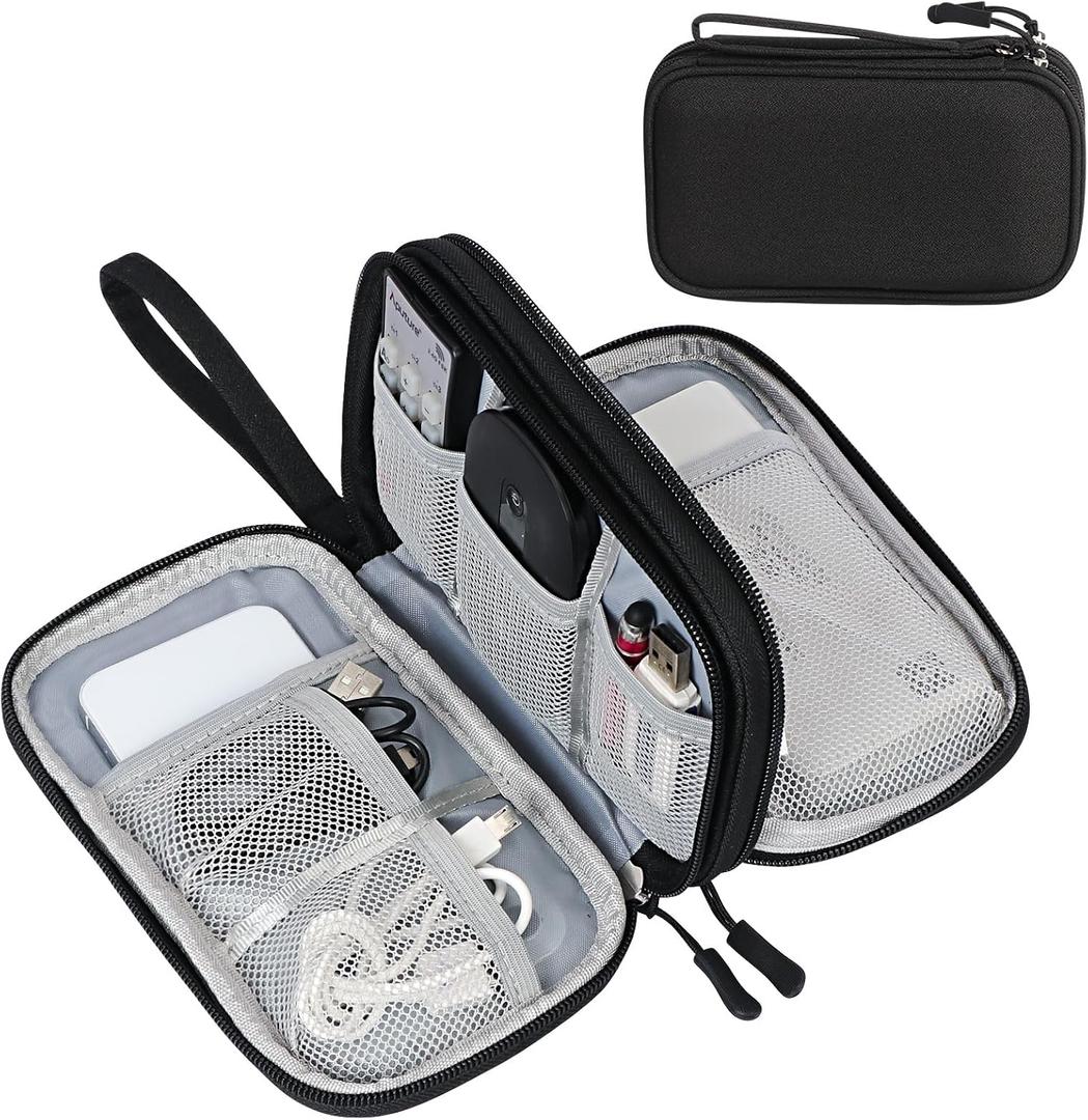FYY Electronic Organizer, Travel Cable Organizer Bag Pouch Electronic Accessories Carry Case Portable Waterproof Double Layers Storage Bag for Cable, Cord, Charger, Phone, Earphone, Medium, Black