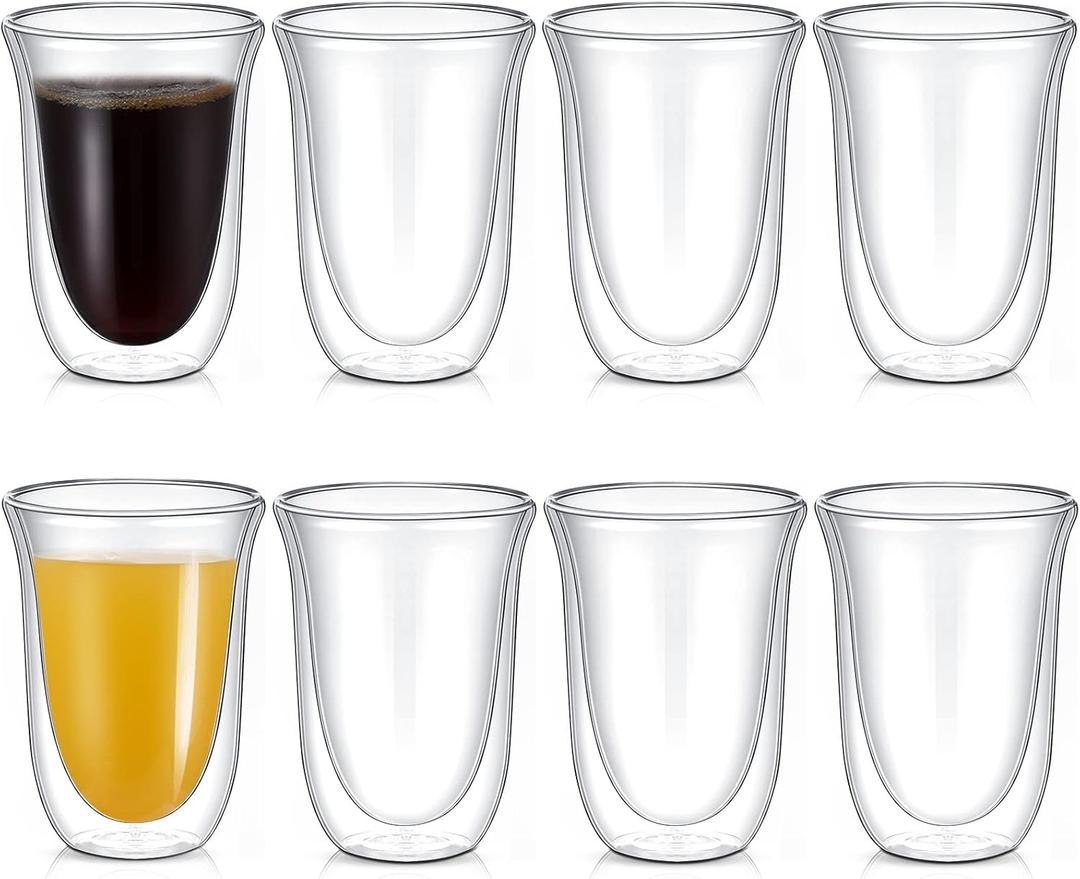 8 Pack 10 oz Double Walled Coffee Mugs Glass Espresso Cups without Handle Clear Thermo Insulated Demitasse Cups for Cappuccino Tea Latte Beverages