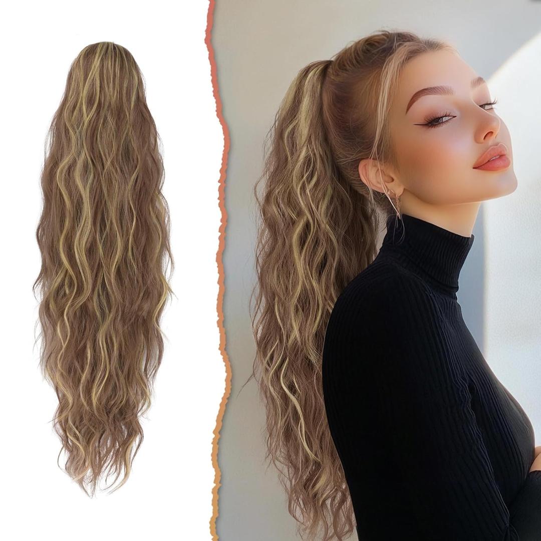 SOFEIYAN Curly Ponytail Extension, 26 inch Long Wave Drawstring Blonde Hair Ponytail Extension Synthetic Pony Tail Hairpiece for Women, Brown & Blonde