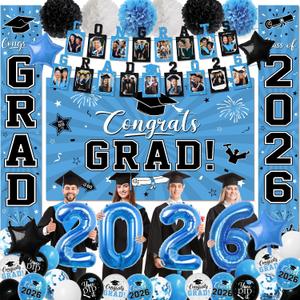 2026 Graduation Decorations, Light Blue Themed Class of 2026 Decorations Set, Congrats Grad Backdrop,Photo Banner,Door Banner,Balloons and Pom Poms Supplies for High School College Graduation Party