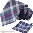 Men's Classic Patterned Necktie Set for Formal Business and Wedding with Pocket Square Tie Clip (44-blue Tartan)