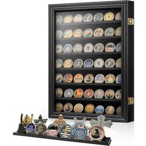 7 Rows Military Challenge Coin Holder Wall Display Case with HD Tempered Glass  Holds 100 Coins, Medal Display Cabinet Rack Shadow Box with Removable 2-Groove Shelves for Casino Poker Chips, Black