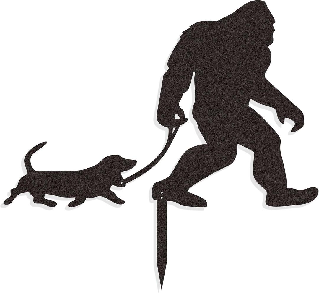 Bigfoot Garden Stake Laser Cut Metal Sasquatch Statue Walking Dachshund Dog on Leash Funny Yard Decor, Outdoor Metal Yard Art Silhouette, Sign for Garden & Lawn