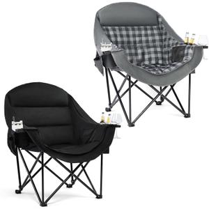 Oversized Camping Chair for Adults 2 Pack - Heavy Duty Outdoor Padded Chair | Comfy XL Large Lawn Camp Chair with Cup Holder Cooler Pockets for Sports Beach Fishing Portable Supports 500lbs,AllBlack/Grey, Twin Pack