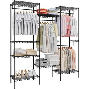 Metal Clothing Rack Heavy Duty Clothes Rack, Freestanding Clothing Organizer with 4 Hang Rods & 8 Shelves, Adjustable Closet Rack for Hanging Clothes, 68.9" L x 15.7" W x 76.4" H, Black
