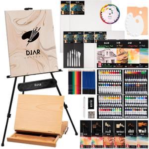 DJAR 174 Pcs Professional All-in-One Art Painting Kit with FSC-Certified Beech Wood Easel, 96 Acrylic, Watercolor & Oil Paint Set, Complete Art Supplies Painting Set for Adults, Artists, Beginners