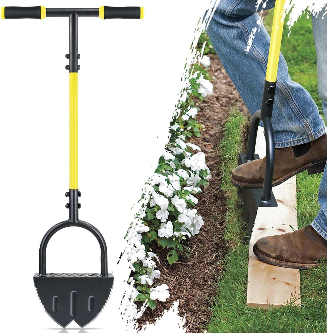 Jardineer Edger Lawn Tool Manual, Manual Half Moon Edger with Double V-Shaped Serrated Edge Blade and Wider Handle, Edging Tool for Landscaping, Sidewalks, Lawn Border, Flower Bed and Yard