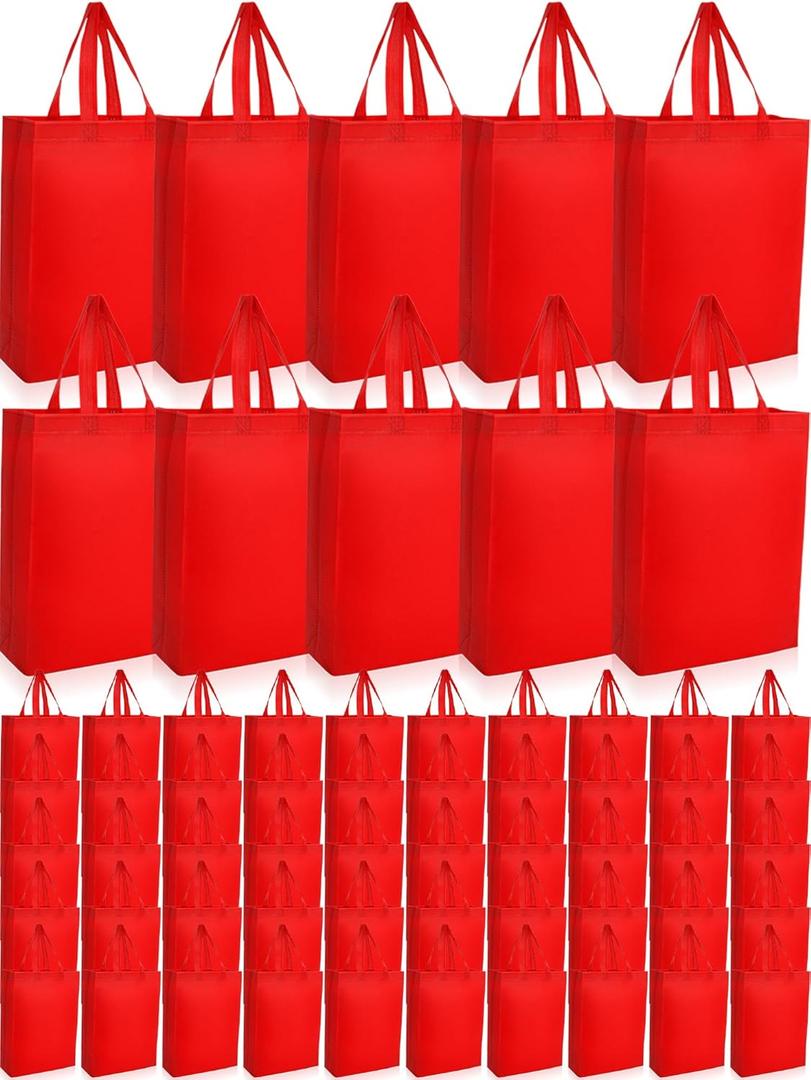 Jexine 72 Pcs Non Woven Tote Bags Reusable Gift Bags with Handles Bulk Grocery Bag for Christmas Party Favors (Red)