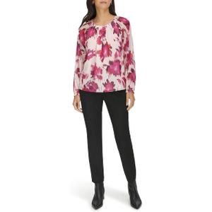 Calvin Klein Womens Button Front Printed Long Sleeve Blouse (X-Large, Pale Pink/Pink)