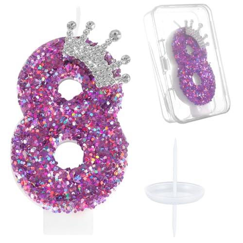 Ceya Number 8 Birthday Candles,Purple Crown Candle for Cake, Sparkling Number Glitter Candle 3.14inch Cake Topper,8st Birthday Decorations for Girl Women Reunions Anniversary Party Supplies