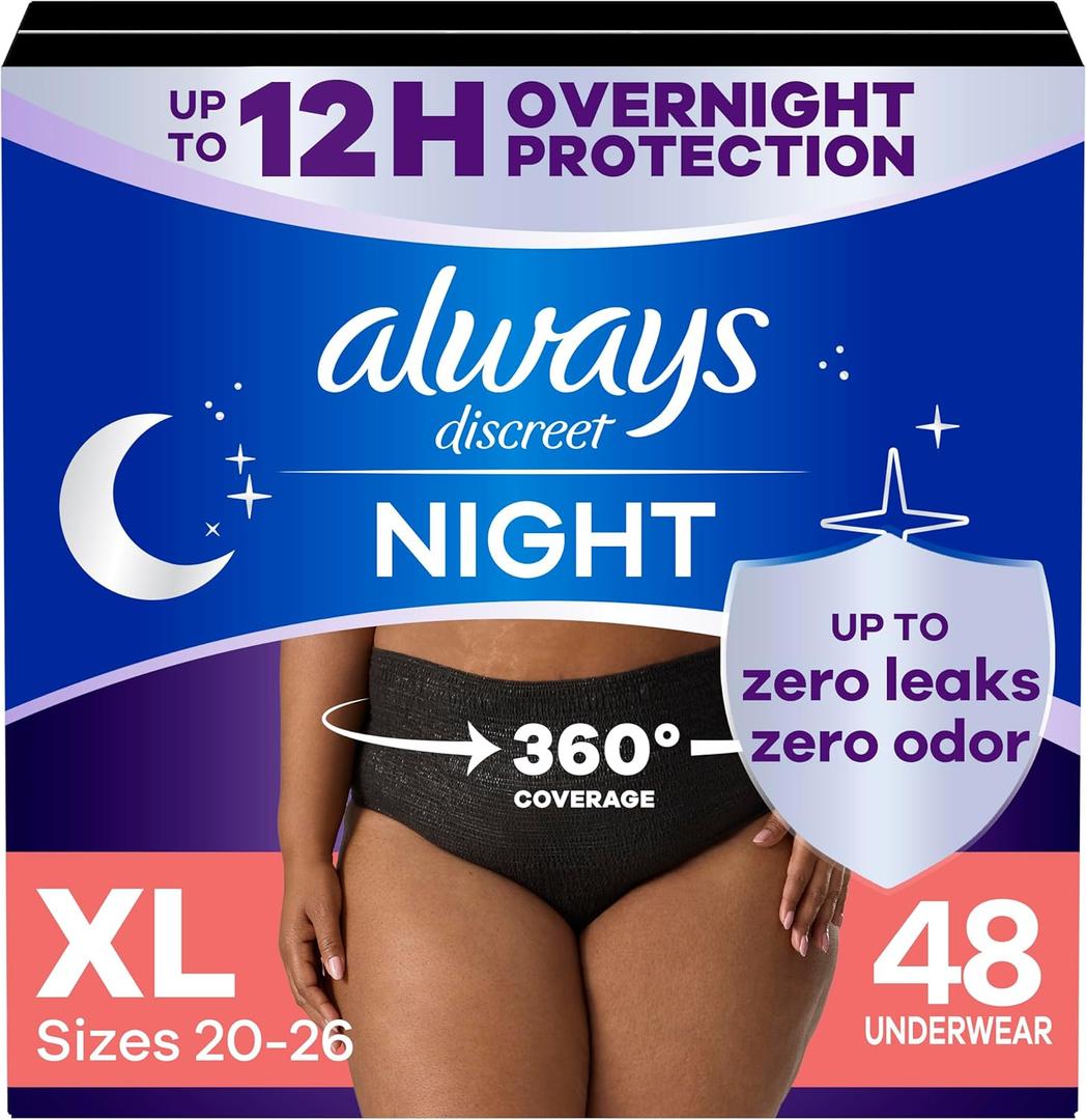 Always Discreet Overnight Adult Incontinence & Postpartum Bladder Leak Underwear for Women, Disposable, XL, 48 Count (3 Packs of 16)