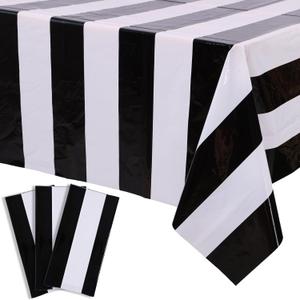 Kesfey 3 Packs Black and White Horizontal Striped Table Cloth 54 x 108 Inch Classic Black Stripe Tablecloths Disposable Plastic Stripe Table Covers Waterproof Picnic Tablecover for Camping Party