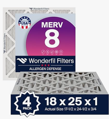 Wonderfill Filters 18x25x1 Air Filter | 4-PACK | MERV 8 HVAC Pleated A/C Furnace Filters | MADE IN USA | Actual Size: 17.5 x 24.5 x .75"