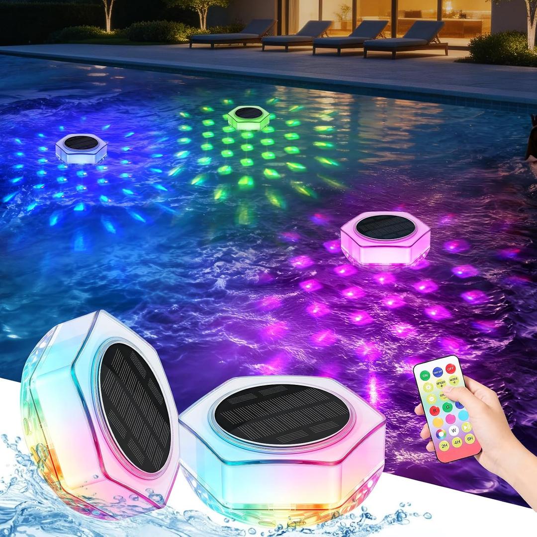 Kimjo 2 Pack Solar Powered Floating Pool Lights that Float | Remote Control, 7 Lighting 6 Modes Dynamic, IP68 Waterproof for Swimming Inground Pool, Bathtub, Party, Garden Decor