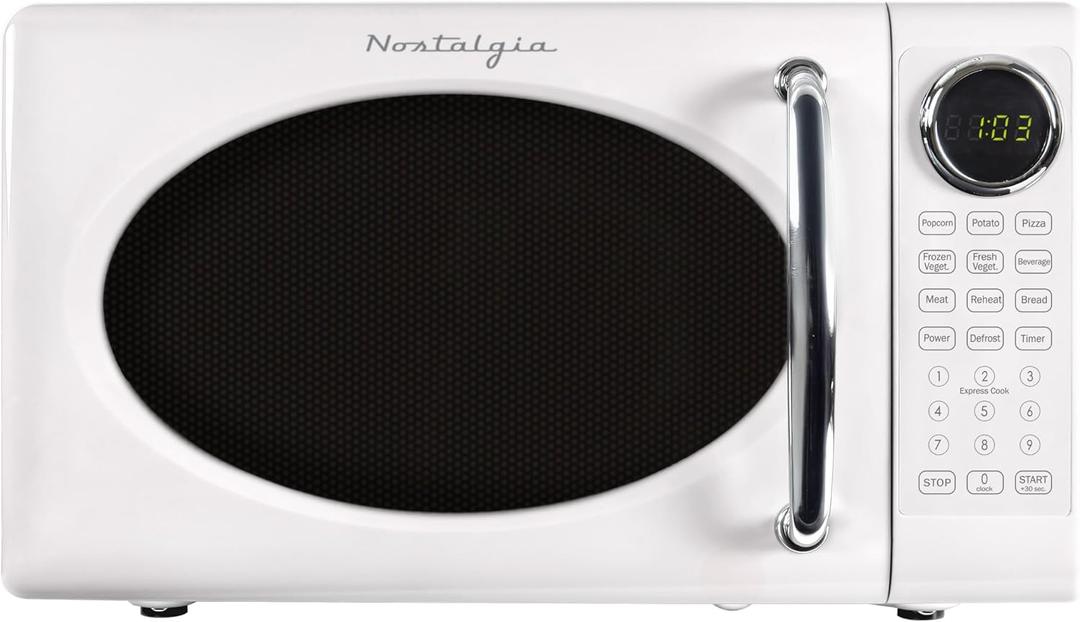 Nostalgia Retro Microwave Oven - 0.7 Cu Ft, 700-Watt Countertop Size with Glass Turntable, Child Safety Lock, 8 Auto-Cook Programs, Digital Clock - White