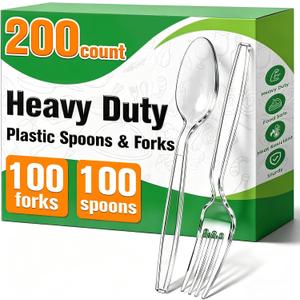 200 Count Plastic Silverware Heavy Duty,Clear Plastic Forks and Spoons, 100 Spoons & 100 Forks,BPA-Free,Heat Resistant Disposable Cutlery Utensil Set for Catering & Events, Daily Use