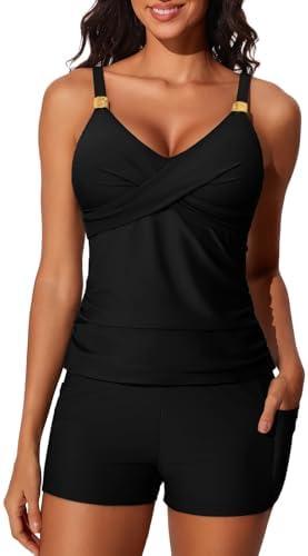 Summer Mae Womens Modest Tankini Swimsuits with Shorts 2025 Tummy Control Bathing Suits with Side Pockets Swimwear, Size 12