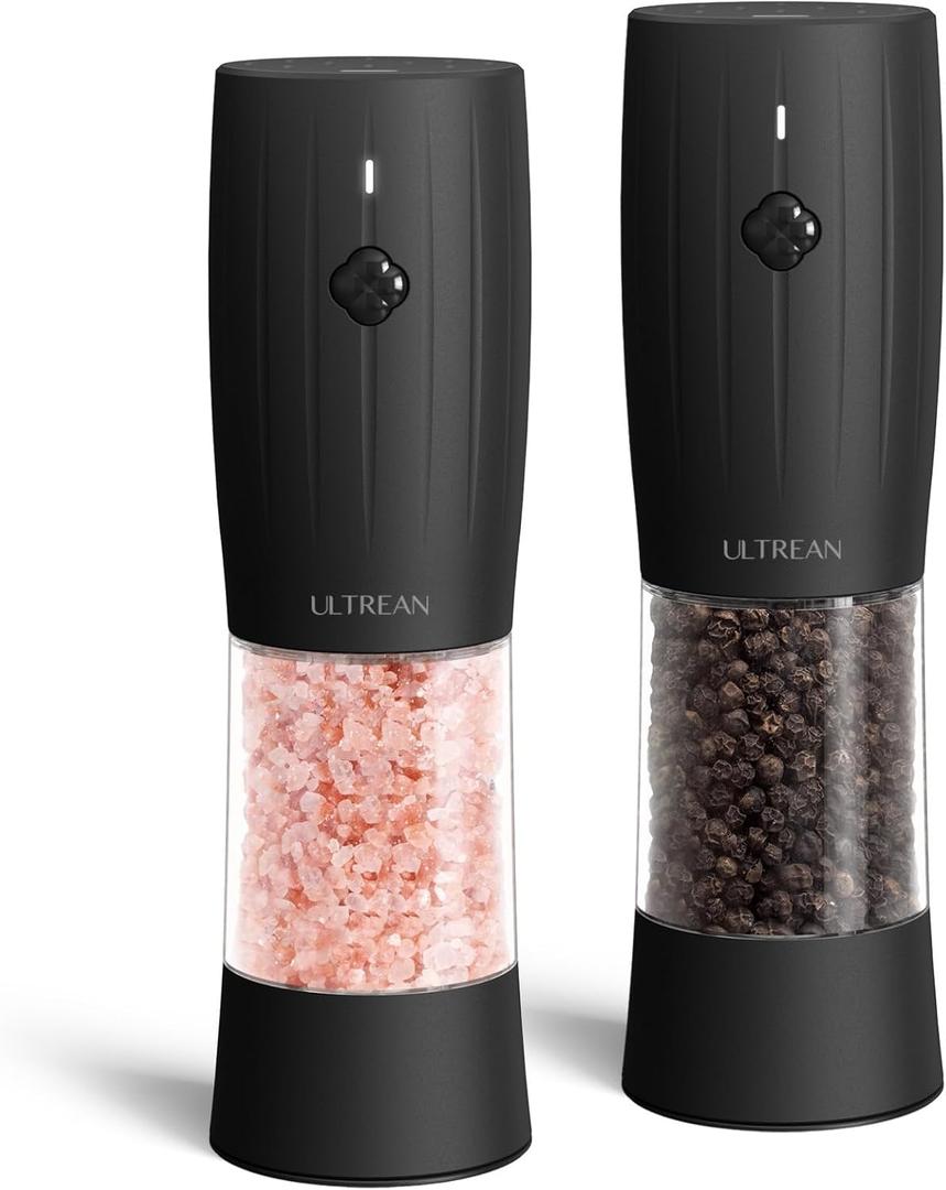 Ultrean Electric Salt and Pepper Grinder Set Rechargeable Automatic Pepper Mill Shakers Adjustable Coarseness Larger Capacity with Led Kitchen Appliances for New House Warming Gifts (Black)