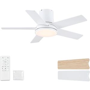 42 Inch Ceiling Fans with Lights and Remote, Flush Mount White Ceiling Fan for Bedroom Living Room Indoor/Outdoor, Quiet 6 Speed Reversible DC Motor, 3CCT, Dual Color 5 Blades, ETL Listed